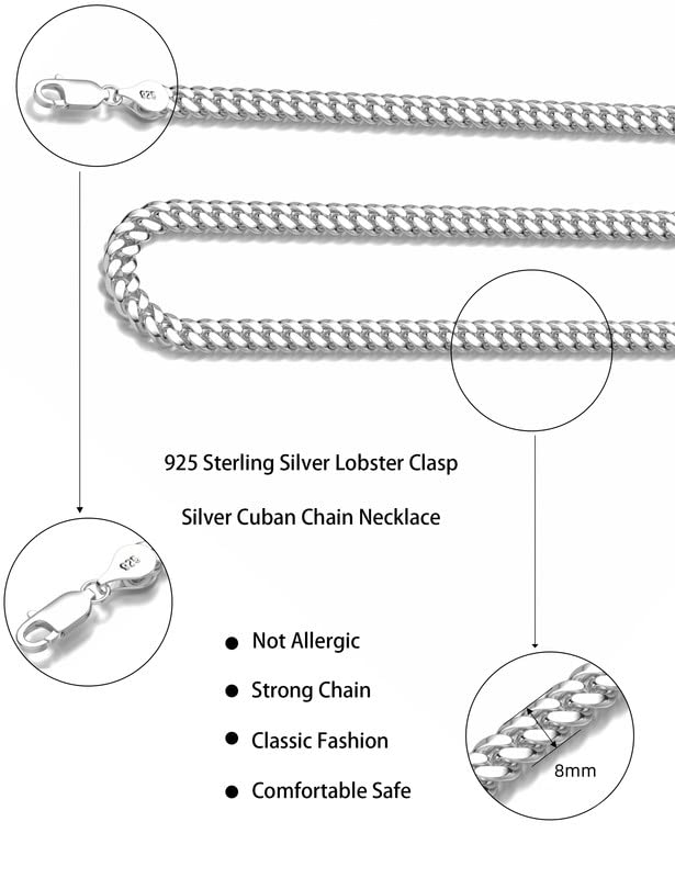 Waitsoul 925 Sterling Silver Cuban Chain Lobster Clasp 8mm Silver Cuban Link Curb Chain Necklace for Men Women Diamond Cut 20 Inches