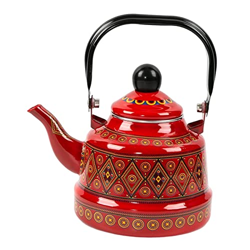 Fenteer 2.5L Enameled Tea Kettle Teapot Coffee Kettle Cookware Hot Water Pot No Whistling Portable Teakettle for Stovetop for Travel Camping, Red A