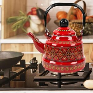 Fenteer 2.5L Enameled Tea Kettle Teapot Coffee Kettle Cookware Hot Water Pot No Whistling Portable Teakettle for Stovetop for Travel Camping, Red A