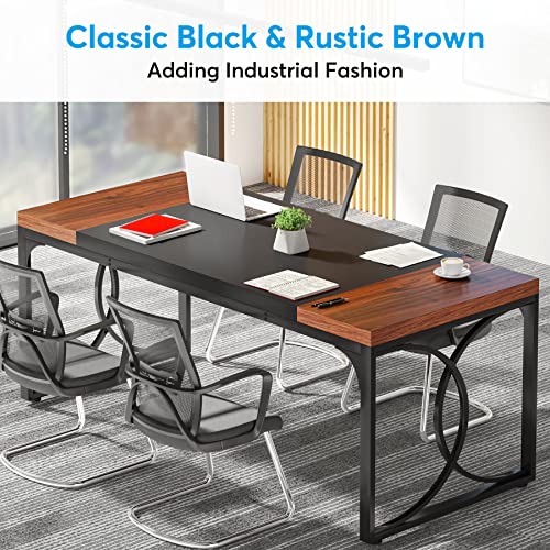 Tribesigns Rectangular Dining Table, 63-inch Wood Kitchen Table with Strong Metal Frame, Industrial Large Long Dining Room Table for 4-People Family, Splice Board (Walnut and Black) (XK00258)