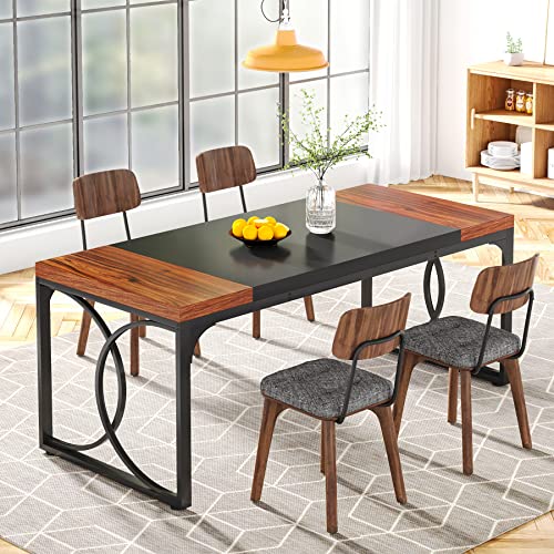 Tribesigns Rectangular Dining Table, 63-inch Wood Kitchen Table with Strong Metal Frame, Industrial Large Long Dining Room Table for 4-People Family, Splice Board (Walnut and Black) (XK00258)