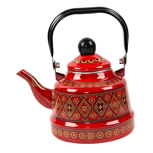 Leefasy 2.5L Enameled Tea Kettle Teapot Tableware Coffee Kettle No Whistling Easy Clean Teakettle for Stovetop for Picnic Kitchen Outdoor Hiking, Red A