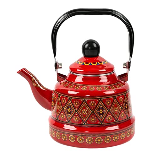 Leefasy 2.5L Enameled Tea Kettle Teapot Tableware Coffee Kettle No Whistling Easy Clean Teakettle for Stovetop for Picnic Kitchen Outdoor Hiking, Red A