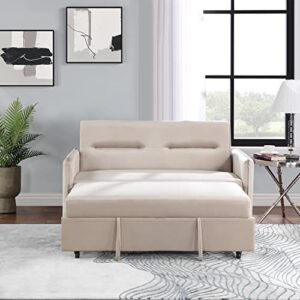 JUSTONE 2-in-1 Pull Out Sofa Bed, Full Size Velvet Sleeper Sofa Bed with Folding Mattress, Pull Out Couch Bed Suitable for Living Room, Sofa Sleeper for Apartment/Small Spaces (Full,Beige)