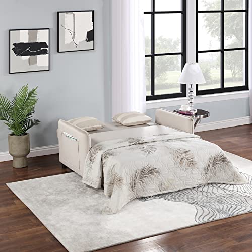 JUSTONE 2-in-1 Pull Out Sofa Bed, Full Size Velvet Sleeper Sofa Bed with Folding Mattress, Pull Out Couch Bed Suitable for Living Room, Sofa Sleeper for Apartment/Small Spaces (Full,Beige)