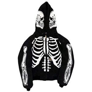 nufr skeleton zip up hoodie skeleton jacket black oversized streetwear pullover sweatshirt for men, xx-large