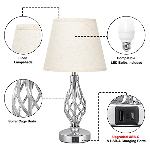 Touch Table Bedside Lamps Set of 2, Nightstand Lamps with USB C Ports and White Linen Lampshade, Bedroom Lamps with Spiral Cage Base Design, 3 Way Dimmable Table Lamps for Bedroom and Living Room