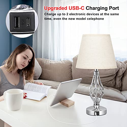 Touch Table Bedside Lamps Set of 2, Nightstand Lamps with USB C Ports and White Linen Lampshade, Bedroom Lamps with Spiral Cage Base Design, 3 Way Dimmable Table Lamps for Bedroom and Living Room