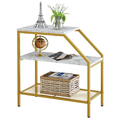 Wolawu End Table 3 Tiers White Marble Wood Nightstand with Storage Ladder Shelf Sofa Side Table for Small Space Modern Trapezoid Furniture Plant Stand in Living Room Bedroom Gold