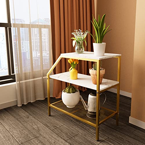 Wolawu End Table 3 Tiers White Marble Wood Nightstand with Storage Ladder Shelf Sofa Side Table for Small Space Modern Trapezoid Furniture Plant Stand in Living Room Bedroom Gold