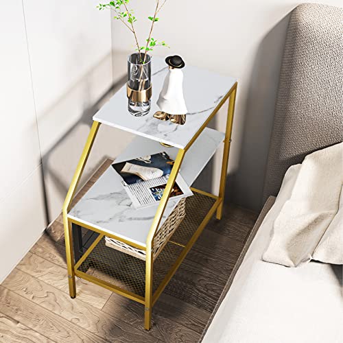 Wolawu End Table 3 Tiers White Marble Wood Nightstand with Storage Ladder Shelf Sofa Side Table for Small Space Modern Trapezoid Furniture Plant Stand in Living Room Bedroom Gold