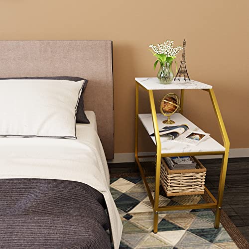 Wolawu End Table 3 Tiers White Marble Wood Nightstand with Storage Ladder Shelf Sofa Side Table for Small Space Modern Trapezoid Furniture Plant Stand in Living Room Bedroom Gold