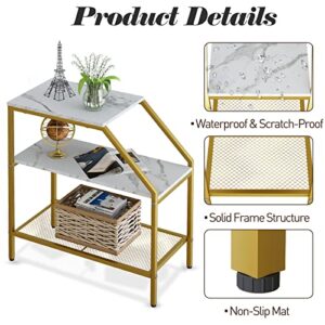 Wolawu End Table 3 Tiers White Marble Wood Nightstand with Storage Ladder Shelf Sofa Side Table for Small Space Modern Trapezoid Furniture Plant Stand in Living Room Bedroom Gold