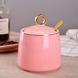 WHJY Ceramic Sugar Bowl with Lid and Spoon, Simple White Clear Porcelain Salt Bowl Salt Container, Modern Spice Box Seasoning Jar for Home and Kitchen Coffee Bar - Pink