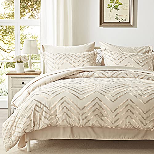 Anluoer Queen Comforter Set, Beige Tufted Bed in a Bag 7 Pieces with comforters and Sheets, All Season Bedding Sets with 1 Comforter, 2 PillowShams, 2 Pillowcases, 1 Flat Sheet, 1 Fitted Sheet