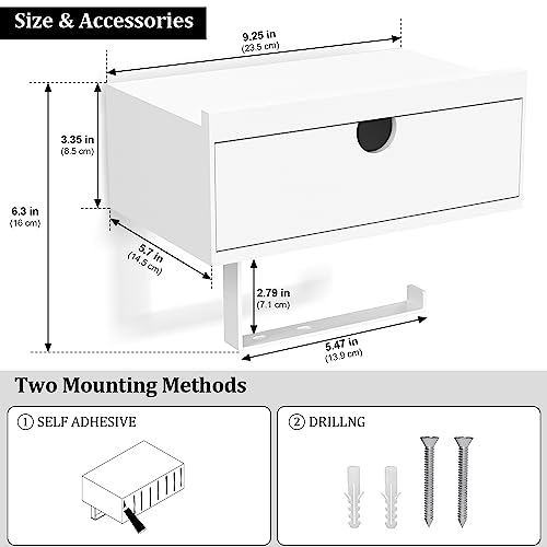 Domax White Toilet Paper Holder with Shelf - Wall Mount/Adhesive Bathroom Toilet Paper Holder Bamboo Wood Tissue Toilet Roll Holder with Storage Drawer for Organizer Wipes Fits Any Room, Large