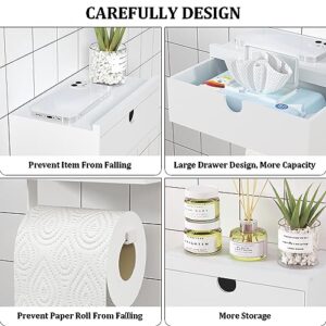 Domax White Toilet Paper Holder with Shelf - Wall Mount/Adhesive Bathroom Toilet Paper Holder Bamboo Wood Tissue Toilet Roll Holder with Storage Drawer for Organizer Wipes Fits Any Room, Large