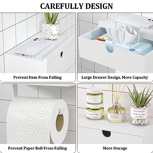 Domax White Toilet Paper Holder with Shelf - Wall Mount/Adhesive Bathroom Toilet Paper Holder Bamboo Wood Tissue Toilet Roll Holder with Storage Drawer for Organizer Wipes Fits Any Room, Large