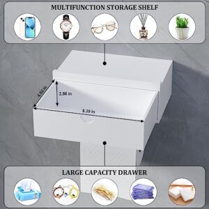 Domax White Toilet Paper Holder with Shelf - Wall Mount/Adhesive Bathroom Toilet Paper Holder Bamboo Wood Tissue Toilet Roll Holder with Storage Drawer for Organizer Wipes Fits Any Room, Large