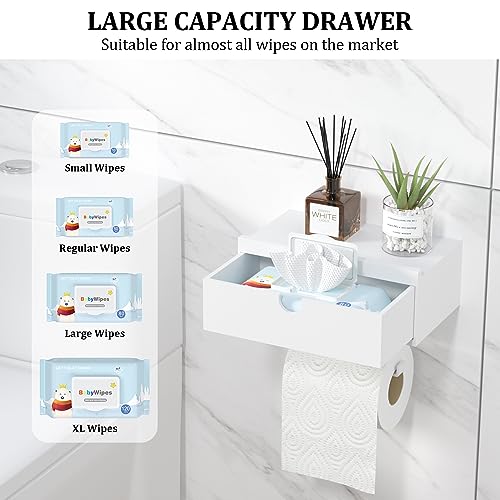Domax White Toilet Paper Holder with Shelf - Wall Mount/Adhesive Bathroom Toilet Paper Holder Bamboo Wood Tissue Toilet Roll Holder with Storage Drawer for Organizer Wipes Fits Any Room, Large
