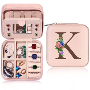 yesteel mini travel jewelry case jewelry box jewelry organizer, birthday pink gifts for women mom grandma friends sister in law gifts letter k