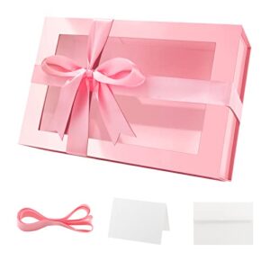 packqueen large gift box with window, 13.5x9x4.1 inches pink gift box for present contains ribbon, card, bridesmaid proposal box, extra large gift box with magnetic lid (glossy pink)