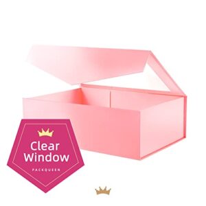 PACKQUEEN Large Gift Box with Window, 13.5x9x4.1 Inches Pink Gift Box for Present Contains Ribbon, Card, Bridesmaid Proposal Box, Extra Large Gift Box with Magnetic Lid (Glossy Pink)