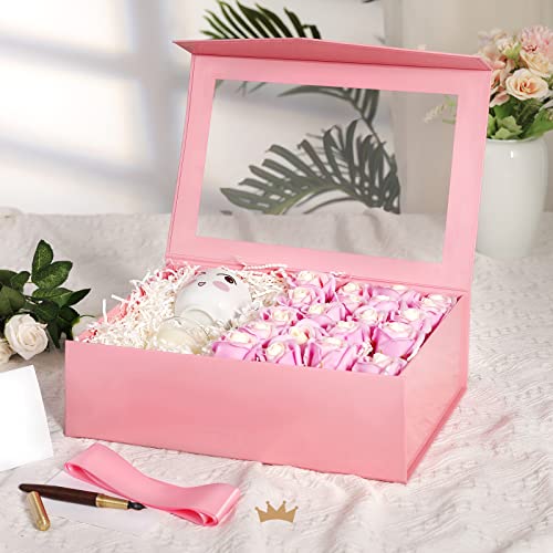 PACKQUEEN Large Gift Box with Window, 13.5x9x4.1 Inches Pink Gift Box for Present Contains Ribbon, Card, Bridesmaid Proposal Box, Extra Large Gift Box with Magnetic Lid (Glossy Pink)
