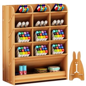 shellkingdom wooden desk organizer, desktop stationery holder for pen pencil markers, makeup brushes, lipsticks storage, with 13 compartments for home office school