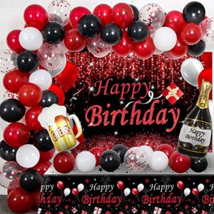 red and black party decorations, happy birthday decorations for men women with photography backdrop & tablecloth balloons arch kit banner birthday party supplies beer bday decor with table cover
