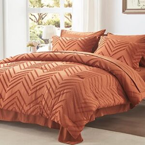 Anluoer Queen Comforter Set, Burnt Orange Tufted Bed in a Bag 7 Pieces with comforters and Sheets, All Season Bedding Sets with 1 Comforter, 2 PillowShams, 2 Pillowcases, 1 Flat Sheet, 1 Fitted Sheet