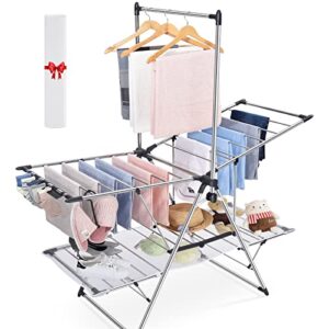 toolf clothes drying rack with high hanger, foldable 2-level drying racks for laundry, laundry stand with height-adjustable gullwings