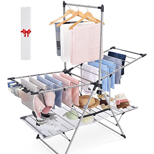 TOOLF Clothes Drying Rack with High Hanger, Foldable 2-Level Drying Racks for Laundry, Laundry Stand with Height-Adjustable Gullwings