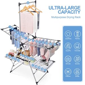 TOOLF Clothes Drying Rack with High Hanger, Foldable 2-Level Drying Racks for Laundry, Laundry Stand with Height-Adjustable Gullwings