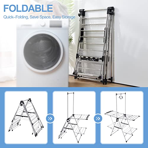 TOOLF Clothes Drying Rack with High Hanger, Foldable 2-Level Drying Racks for Laundry, Laundry Stand with Height-Adjustable Gullwings