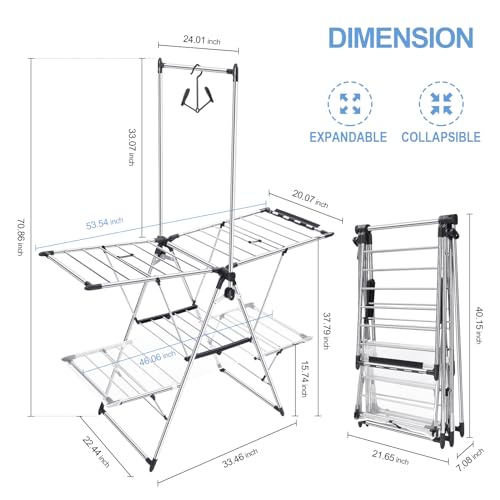 TOOLF Clothes Drying Rack with High Hanger, Foldable 2-Level Drying Racks for Laundry, Laundry Stand with Height-Adjustable Gullwings