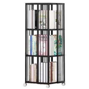 huhote rotating bookcase black 3 tiers metal bookshelf, 360°cubic large capacity for small space with storage and creative multi-layer shelves,magazine&books for bedroom living room study and office