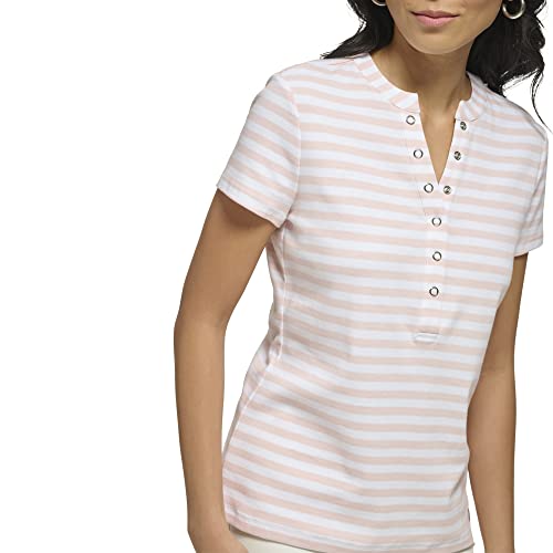 Calvin Klein Women's Comfortable Snap Detail Crew Neck Striped Short Sleeve, Petal/White