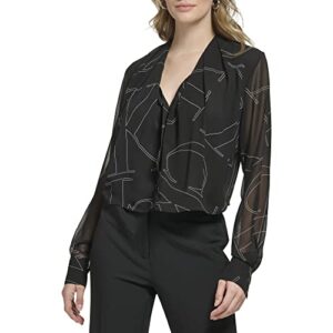 calvin klein women's poly chiffon long sleeve printed blouse, black/soft white multi