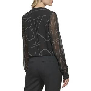 Calvin Klein Women's Poly Chiffon Long Sleeve Printed Blouse, Black/Soft White Multi
