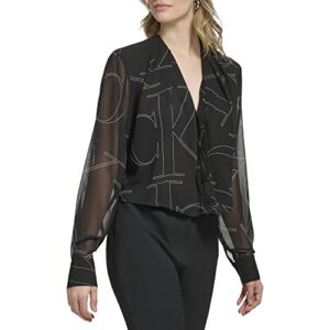 Calvin Klein Women's Poly Chiffon Long Sleeve Printed Blouse, Black/Soft White Multi