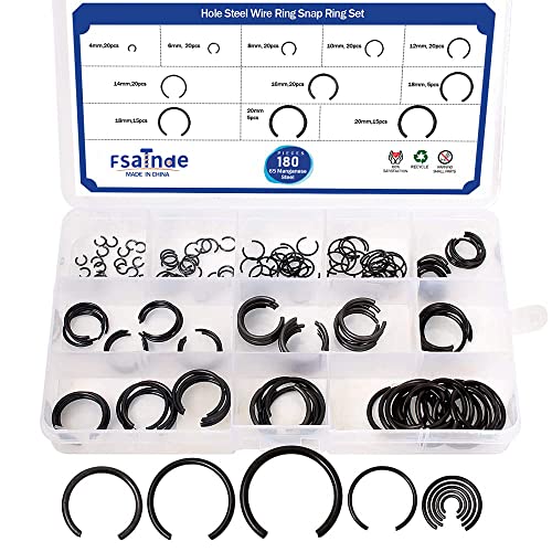 GB895.1 65Mn Φ4-Φ20 Hole Steel Wire Ring Snap Ring Set,Bearing Stop Ring Assortment Kit,Mix Round Wire Snap Rings for Holes,180Pcs