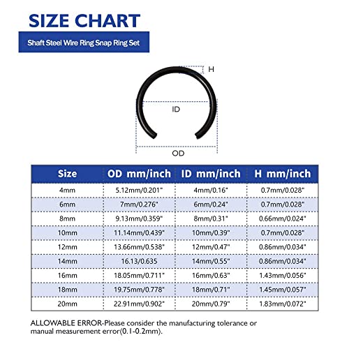 GB895.1 65Mn Φ4-Φ20 Hole Steel Wire Ring Snap Ring Set,Bearing Stop Ring Assortment Kit,Mix Round Wire Snap Rings for Holes,180Pcs