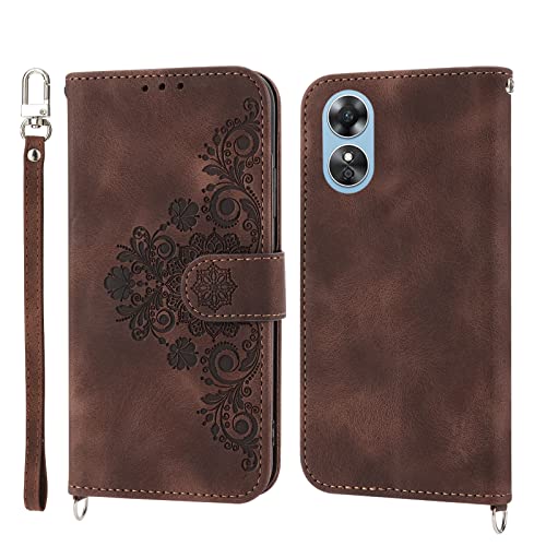 ONV Case for Oppo A17 4G - Flower Embossed Flip Phone Case Card Holder Magnet with Lanyard PU Leather + Soft Shell Wallet Cover for Oppo A17 4G [DEF] -Brown