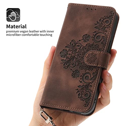 ONV Case for Oppo A17 4G - Flower Embossed Flip Phone Case Card Holder Magnet with Lanyard PU Leather + Soft Shell Wallet Cover for Oppo A17 4G [DEF] -Brown