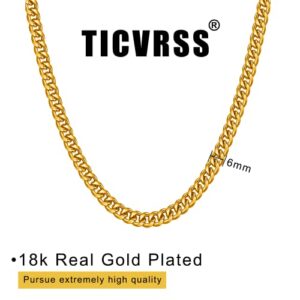 TICVRSS 18K Gold Cuban Link Chain for Men Necklace 6mm Stainless Steel Chains for Boys Women 22 Inch Jewelry Gifts