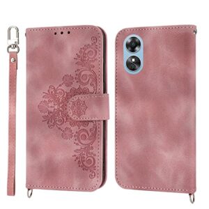 onv case for oppo a17 4g - flower embossed flip phone case card holder magnet with lanyard pu leather + soft shell wallet cover for oppo a17 4g [def] -pink