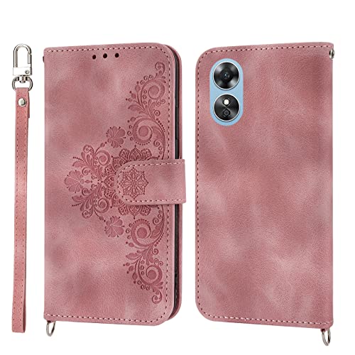 ONV Case for Oppo A17 4G - Flower Embossed Flip Phone Case Card Holder Magnet with Lanyard PU Leather + Soft Shell Wallet Cover for Oppo A17 4G [DEF] -Pink