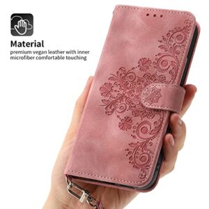 ONV Case for Oppo A17 4G - Flower Embossed Flip Phone Case Card Holder Magnet with Lanyard PU Leather + Soft Shell Wallet Cover for Oppo A17 4G [DEF] -Pink