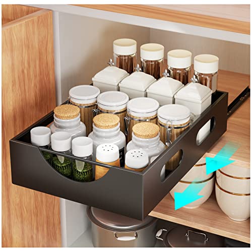 caktraie Pull Out Cabinet Organizer Fixed with Adhesive, Slide Out Drawer Storage Shelves - 10.8" W x 15.15" D Heavy Duty Pull Out Drawers for Kitchen Cabinets, Living Room, Home - Black